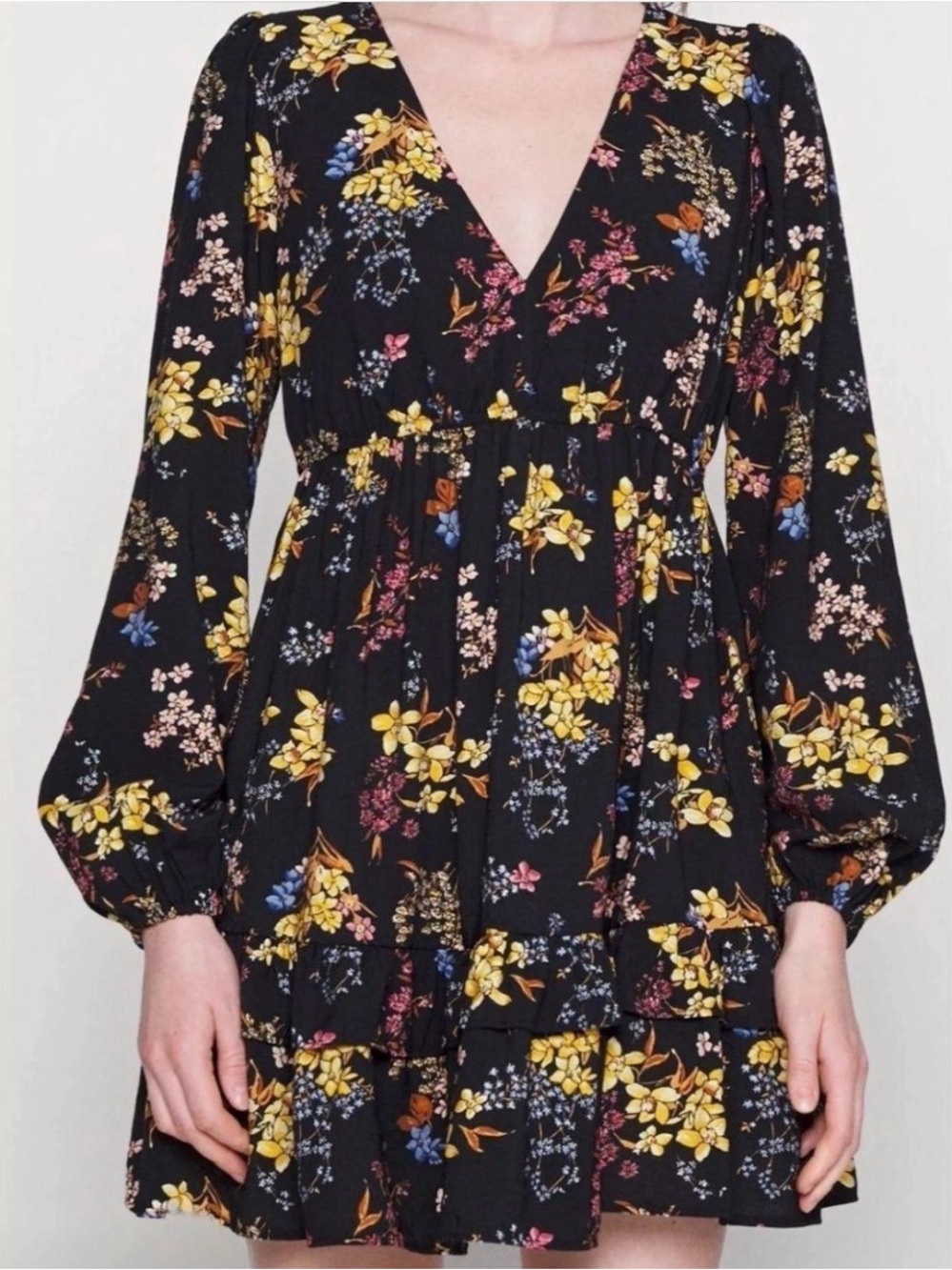 Abercrombie & Fitch Floral Mini Dress Black Long Sleeve Tiered Boho Size S